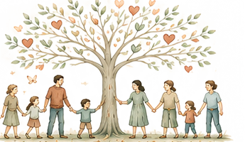 Des familles réunies autour d’un arbre, illustration à l’aquarelle