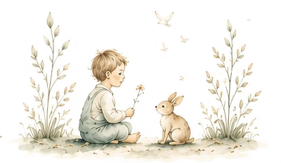 Un enfant assis dans la nature offre une fleur à un lapin, illustration à l’aquarelle